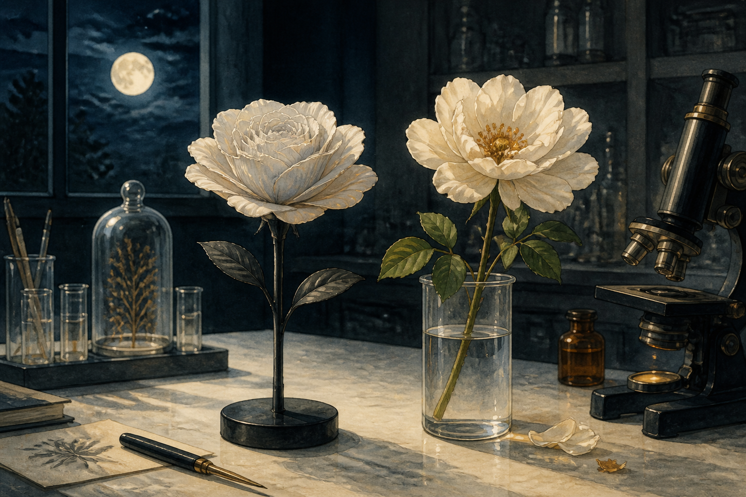真花与人造花并排对照